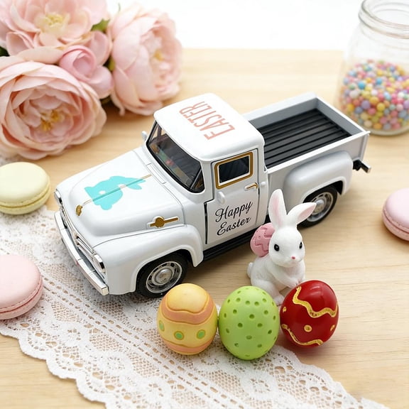 Easter Farmhouse Pickup Truck Decor with Eggs, Mini Vintage Metal Diecast Spring Tabletop Ornament, Happy Spring Tiered Tray Decoration for Home Kitchen