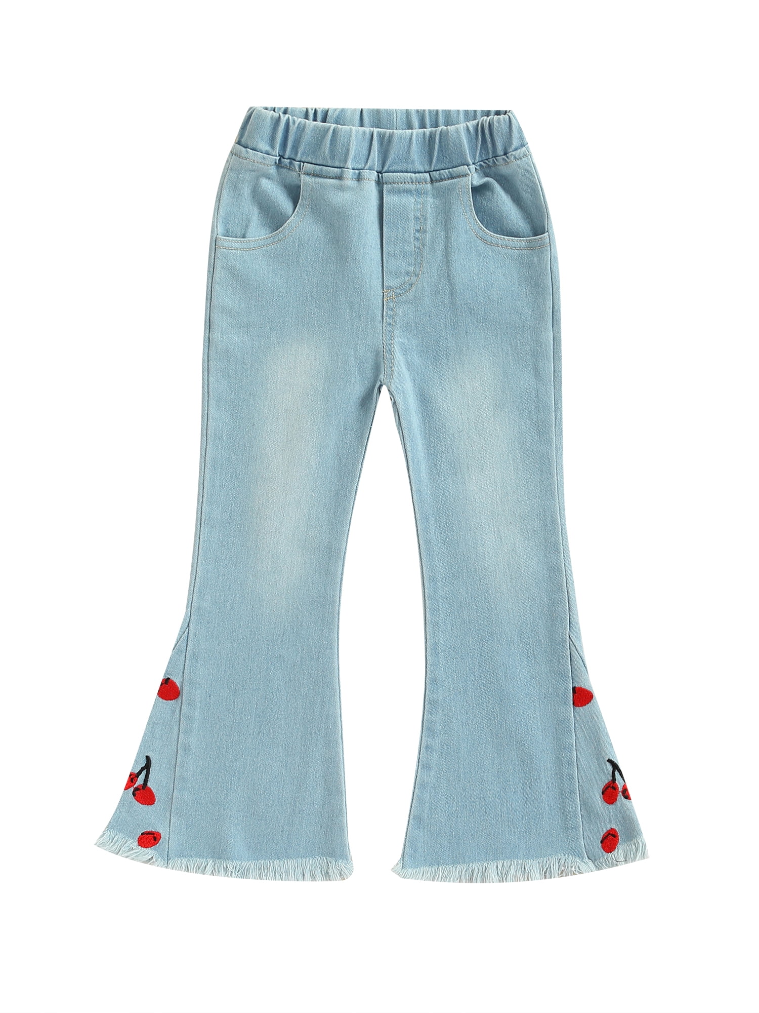 Kids Toddler Girl Denim Flared Pants Cherry Embroidery Wide Legs Jeans Girls Casual Bell Bottom Trousers for 0-6 Years 