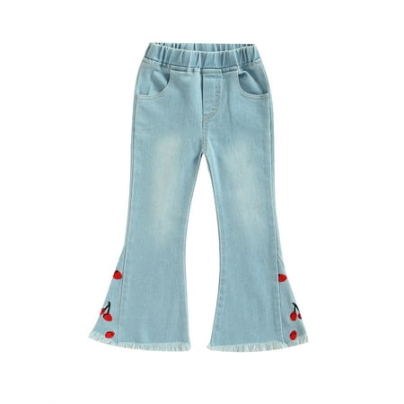 

TheFound Summer Infant Kids Girls Jeans Pants Elastic High Wastic Blue Denim Printed Flare Trousers