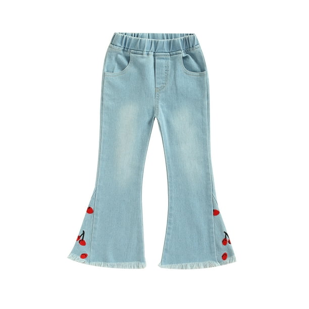 Kmbangi Little Girl's Denim Pants Cherry Embroidered Elastic Waistband Flare  Jeans with Pockets 