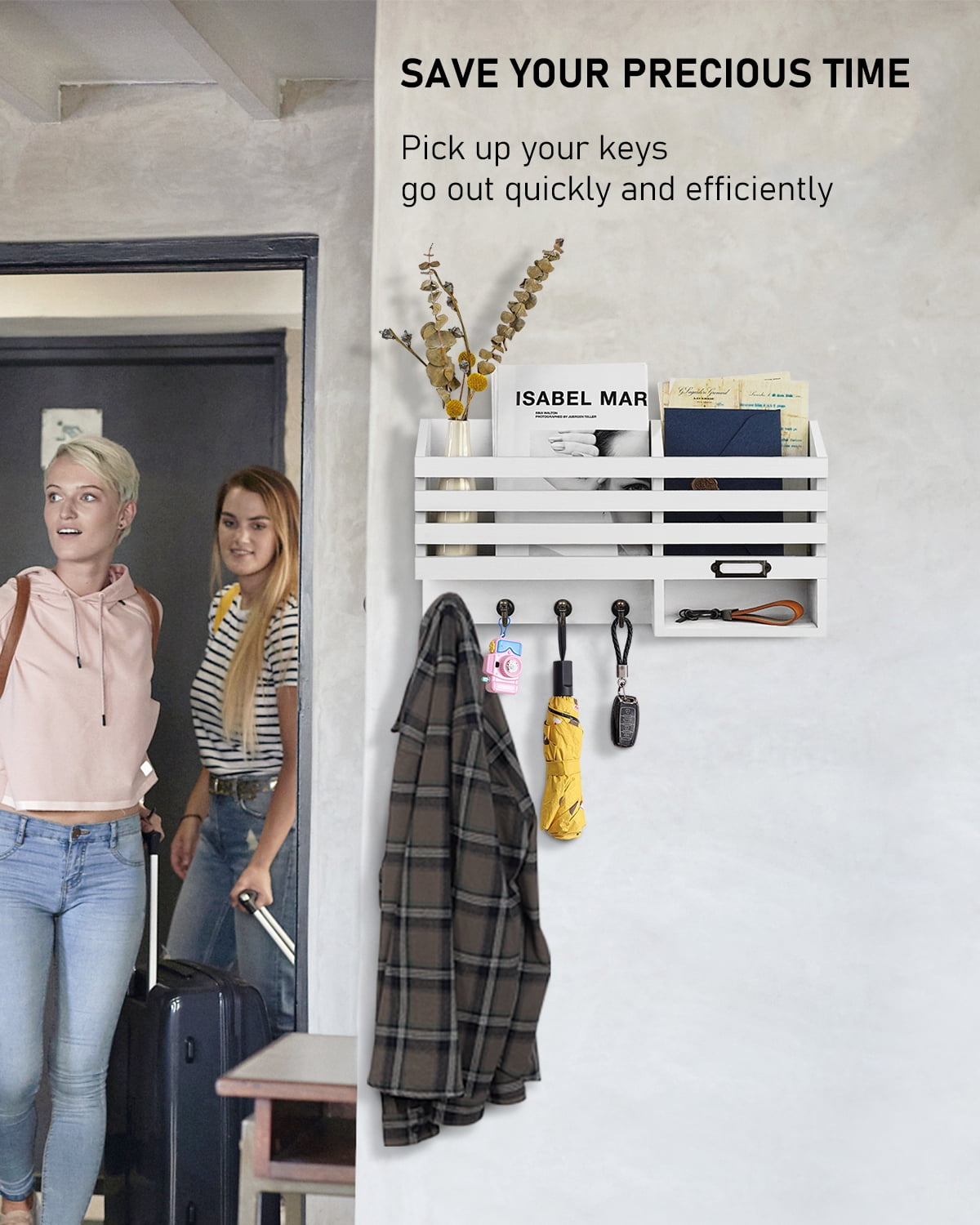 Key Holder for Wall,Dinosam Double Mail Organizer Wall Mount with Store Shelf and 4 Sturdy Hooks,Hanging Key Rack Hanger for Entryway, Hallway, Bedroom, Living Room and Office,White