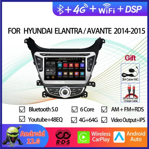 Android 12 4G 64G Auto Radio Stereo For HYUNDAI ELANTRA/AVANTE 2014-2015 Car GPS Navigation Multimedia Player