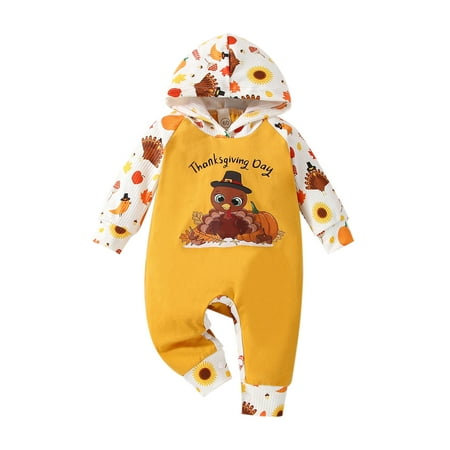 

xkwyshop Newborn Baby Girl Boy My 1st Thanksgiving Day Outfit Long Sleeve Turkey Print Hooded Romper Jumpsuit 3-6 Months