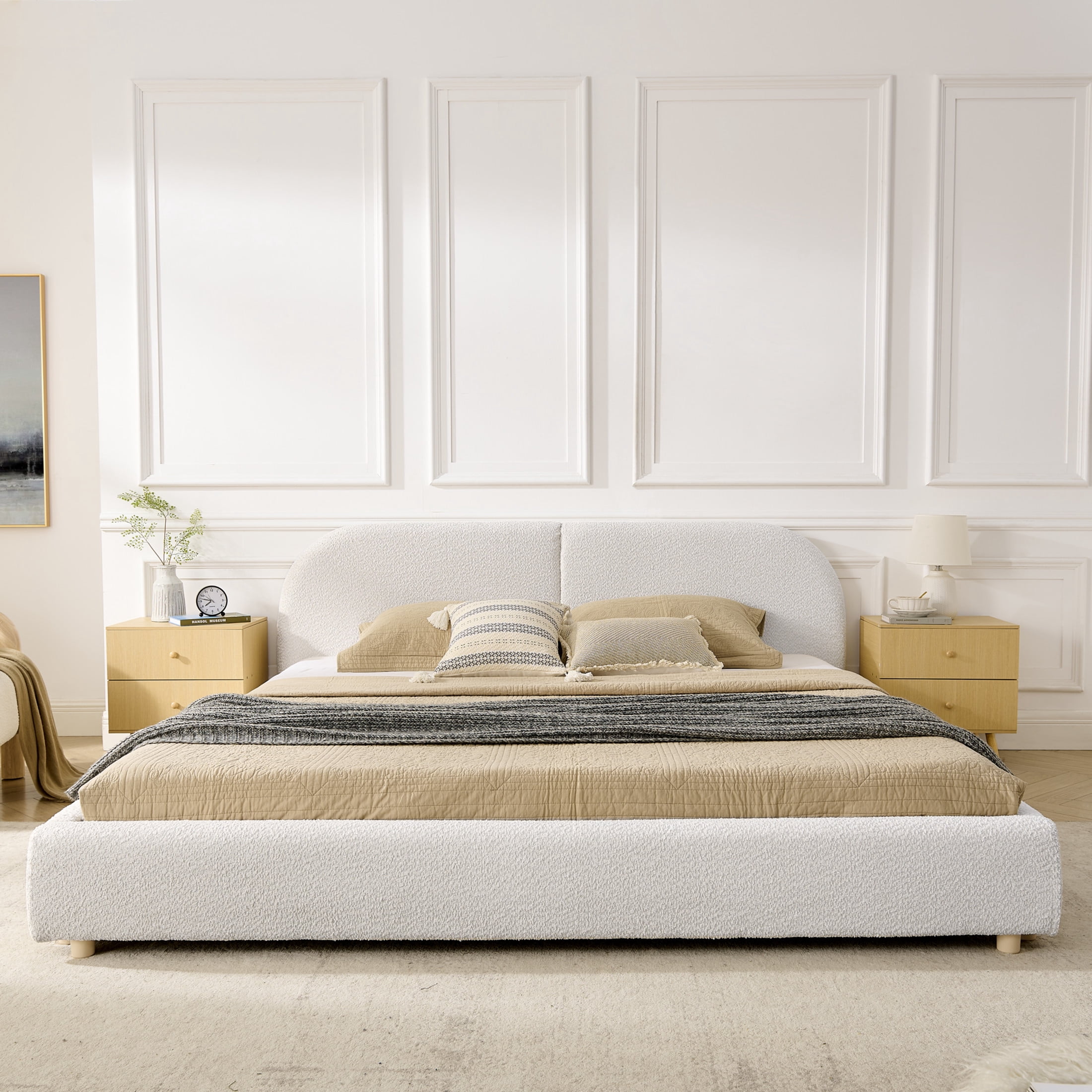 Noble House Roland King Size Yarn Upholstered Bed Frame, Tall Curved Headboard Platform Bed, Sturdy Support, Beige