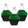 12pk Diamond Shaped Ring Wedding Bridal Shower Cupcake Toppers w. Black Glitter Wrappers