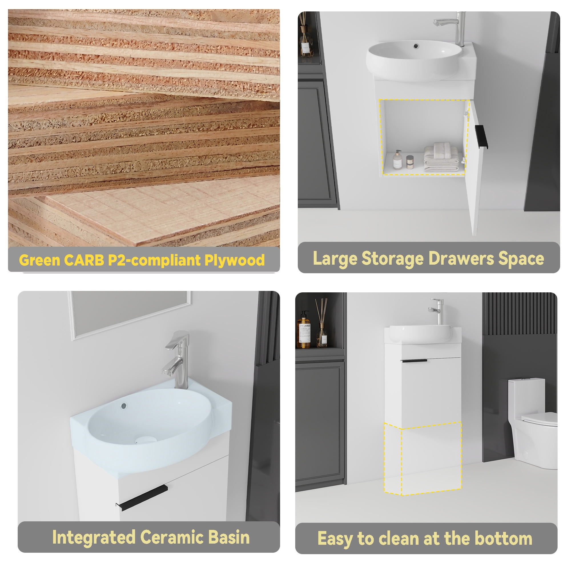 Leumius 16" Wall-Mount Bathroom Vanity Cabinet with with Ceramic Sink & Soft‑Close Doors for Small Space,Bathrooms,White