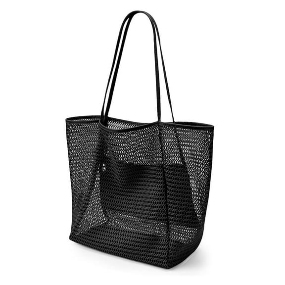Foldable Mesh Beach Tote Bag for Women – Lightweight Crossbody Shoulder Bag with Adjustable Strap, Spacious Summer Outdoor Travel & Shopping Tote (Black)