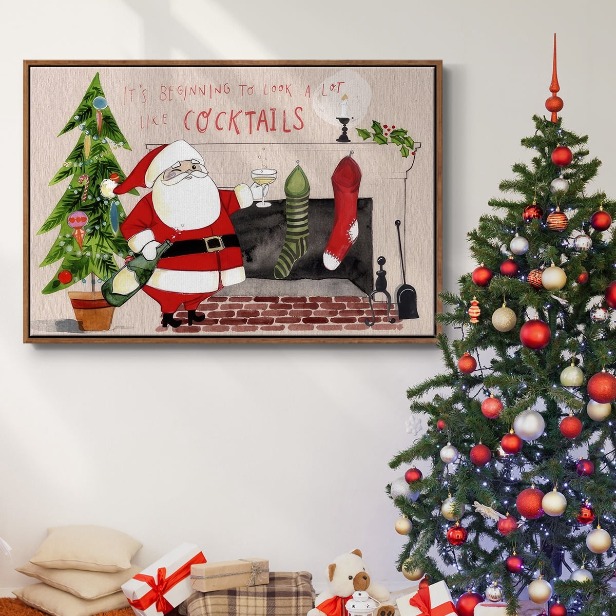 Get Blitzened Collection A - Framed Gallery Wrapped Holiday Canvas - 27 x 41 - Rosewood Frame