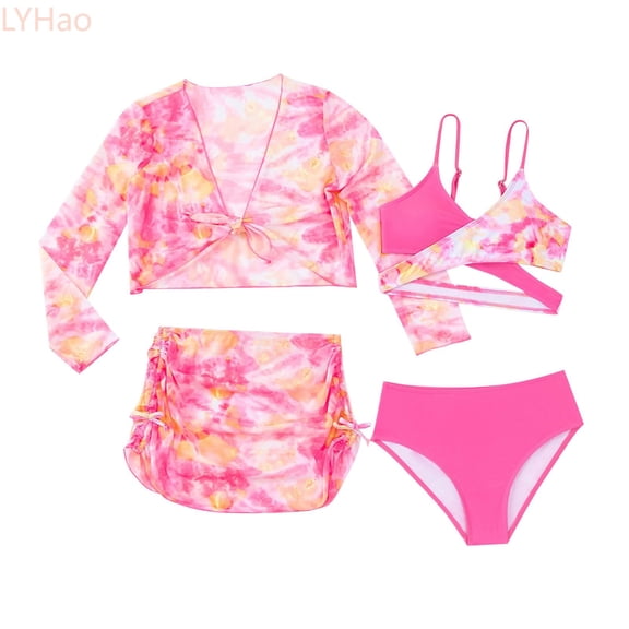 LYHao Girl's 4 Piece Swimsuits Tie Dye Bikini Set Bathing Suits With Mesh Skirt,4 Piece Bathing Suit 9-10 Years Pink