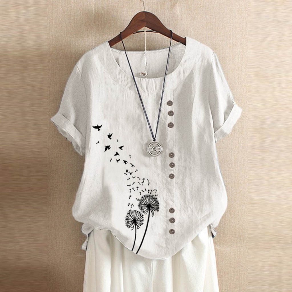 Meikosks Plus Size Button Blouse Ladies O-Neck Printing T Shirt Loose Short Sleeve Cotton Line Tops