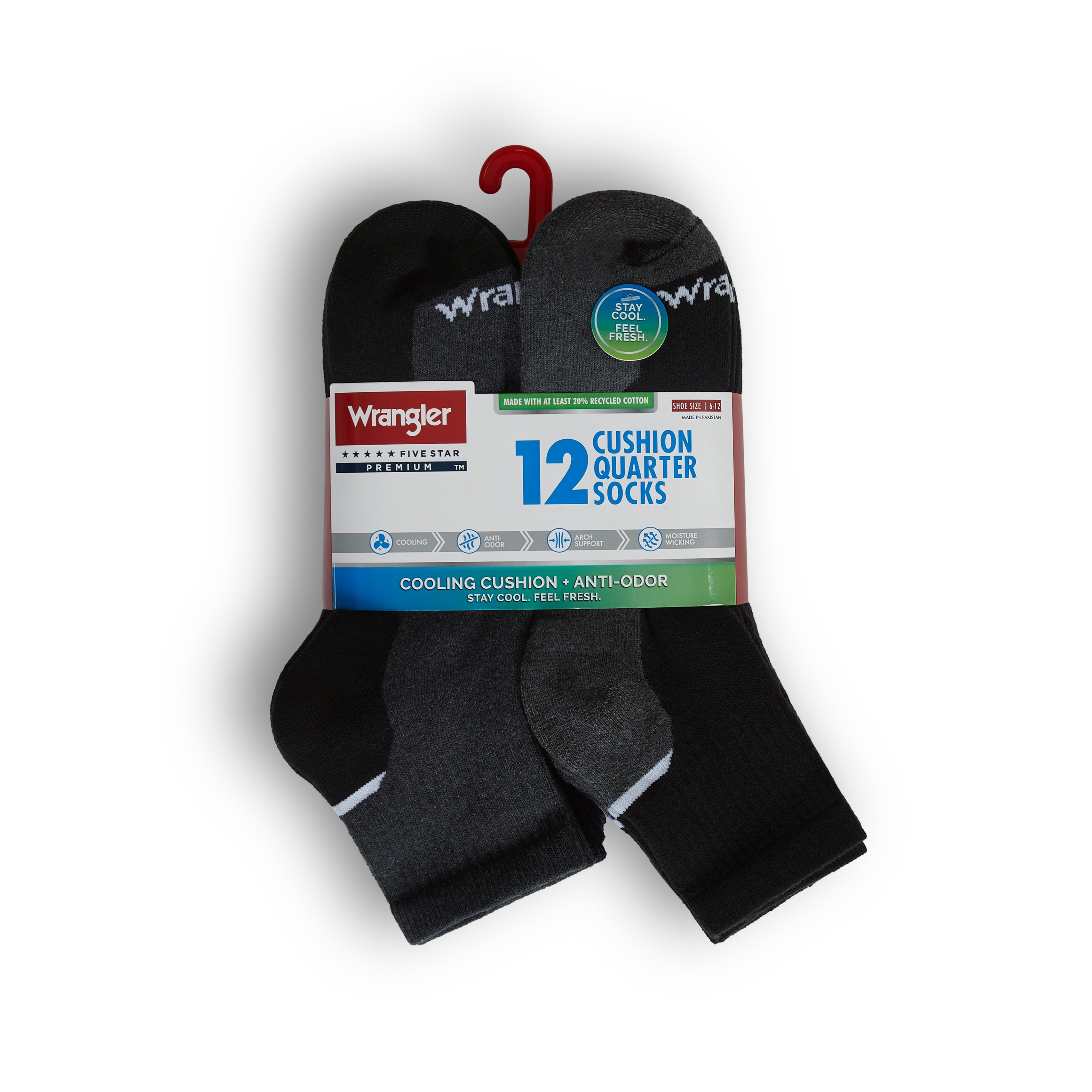 Wrangler Essential Cool Comfort Men’s Full-Cushion Quarter Socks, 6-12, Charcoal Heather, 12-Pack