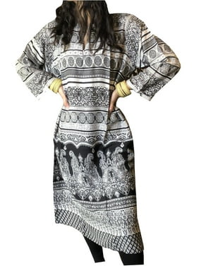 Mogul Women Tunic Dress Rayon White Black Block Printed Summer Long Kurti L