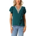 thumbnail image 1 of Unique Bargains Hauts à Manches Courtes pour Femmes Blouse Décontractée Col en V Bleu Paon m, 1 of 6