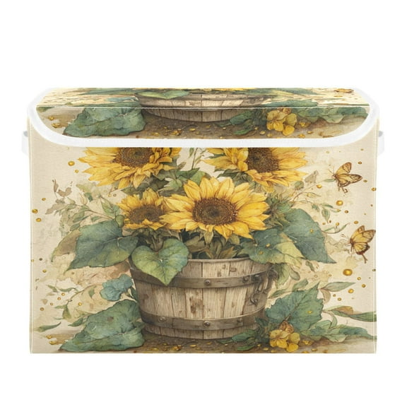 Large Collapsible Storage Box Flip Lid Fabric Decorative Organizer Container Basket with Handles 16.5×12.6×11.8in Sunflowers in An Old Bucket