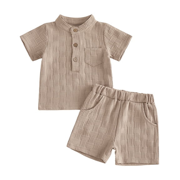 BOBOGOJP Toddlers and Baby Boys' Summer Clothes Infant Boy Button-town Shirt and Short Set Outfits(Khaki, 12-18 Months)