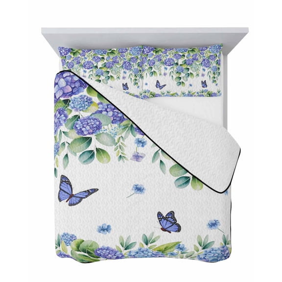 Vintage Flower Leaf 3 Piece Quilt Set Queen Size, Purple Butterfly Floral Green Eucalyptus Leaves Soft Bedspread Coverlet Bedding Set Microfiber Comforter Set with 2 Pillowcases for Bedroom