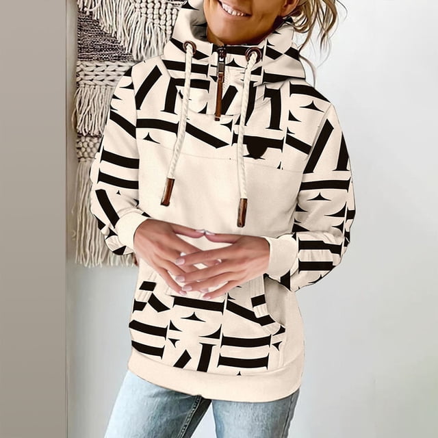Puntoco - Sudadera de manga larga con estampado informal para mujer, cuello alto, con cordón, blusa con bolsillo Puntoco Puntoco-542