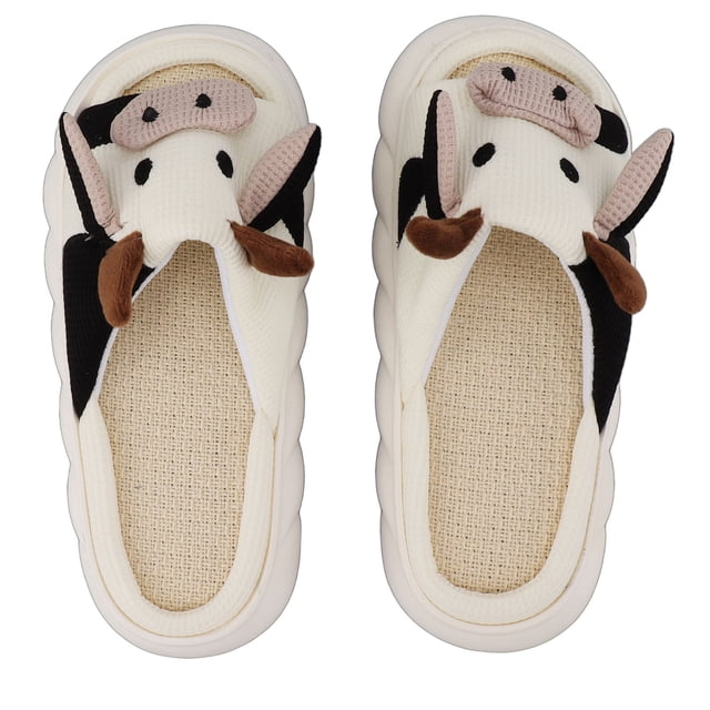 Pantuflas de lino resistentes al desgaste, cómodas, con punta abierta, para interiores, sandalias para las 4 estaciones, con estampado de dibujos animados de vaca, talla 40 41
