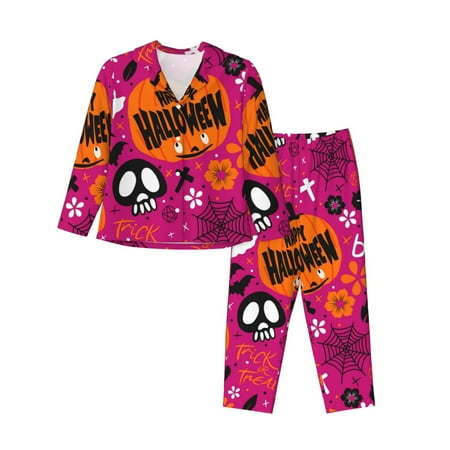 Pajamas for Women Set - happy spooky elements pink Comfy Long Sleeve Button Up Pajama Sets for Women 2 Piece  Soft Sleepwear Nightwear Pjs Lounge Sets for Women with Pockets
