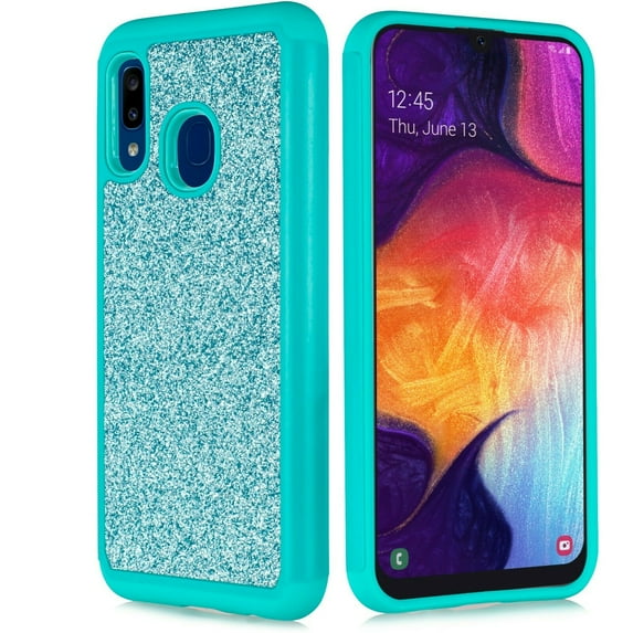 for Samsung Galaxy A10E with Temper Glass Phone Case Glitter Shock proof Edge Scratch Shield Hybrid Layers Slim Bumper Cover (Teal)