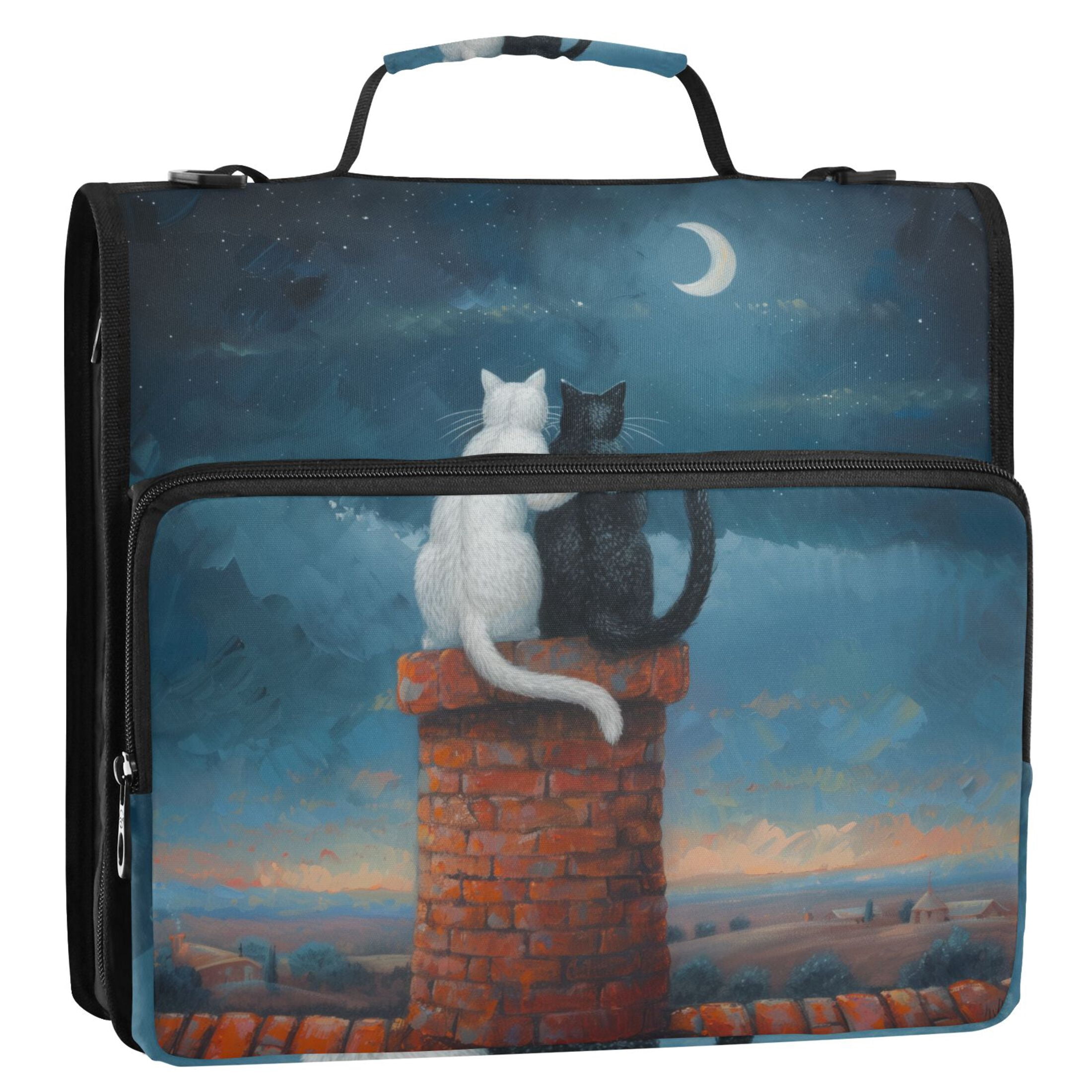 3 Ring Zipper Binder with Shoulder Strap Waterproof Trapper Keeper 2 Inch D-Ring 500 Sheets Capacity Cats on House with Moon