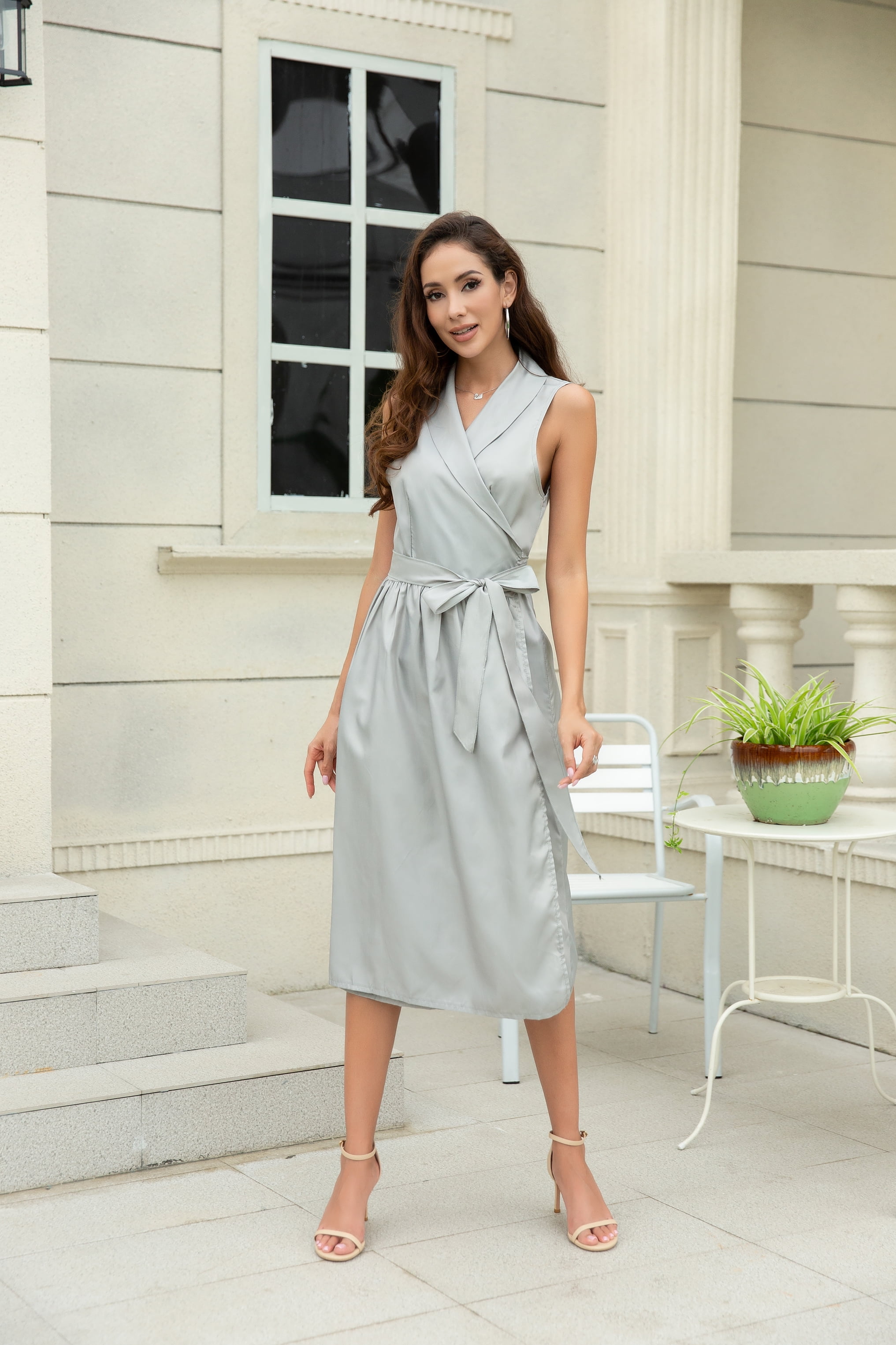 Curve Muse Women's Solid Sleeveless V Neck Tie waist Wrapped Dress-Grey-XL