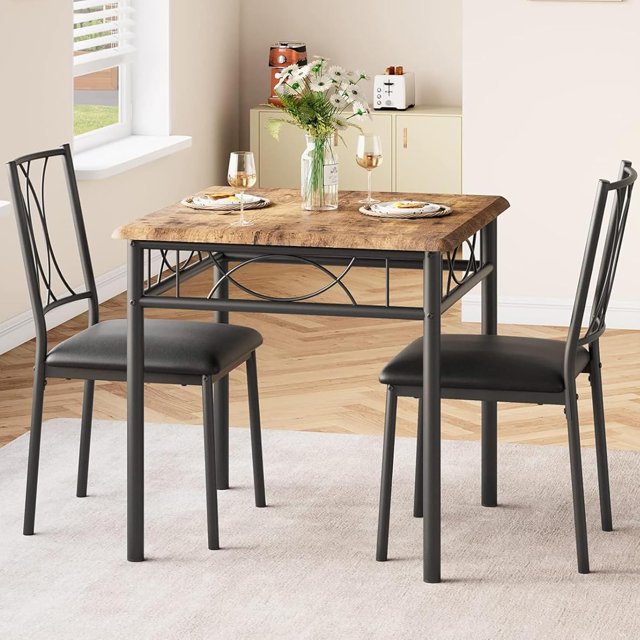 3-Piece Dining Table Set for 2, Square Wooden Kitchen Table with Chairs, Compact Dining Set for Apartments, Studios, and Small Areas