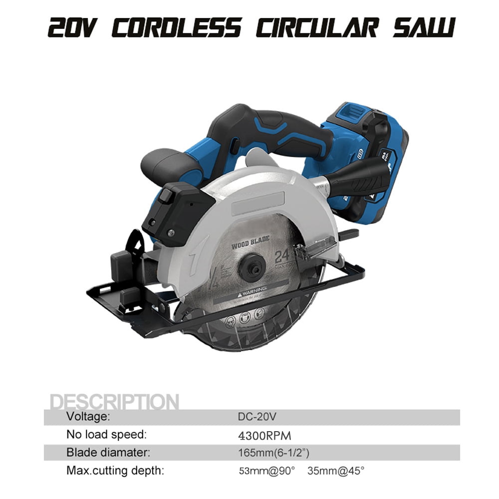 Cordless Circular Saw with 4.0ah Battery and Fast 4300rpm Adjustable Cutting Angle 0 45 Adjustable Adjustable Base Plate 2 x O 165mm Wood Cutting Blue US Plug Walmart