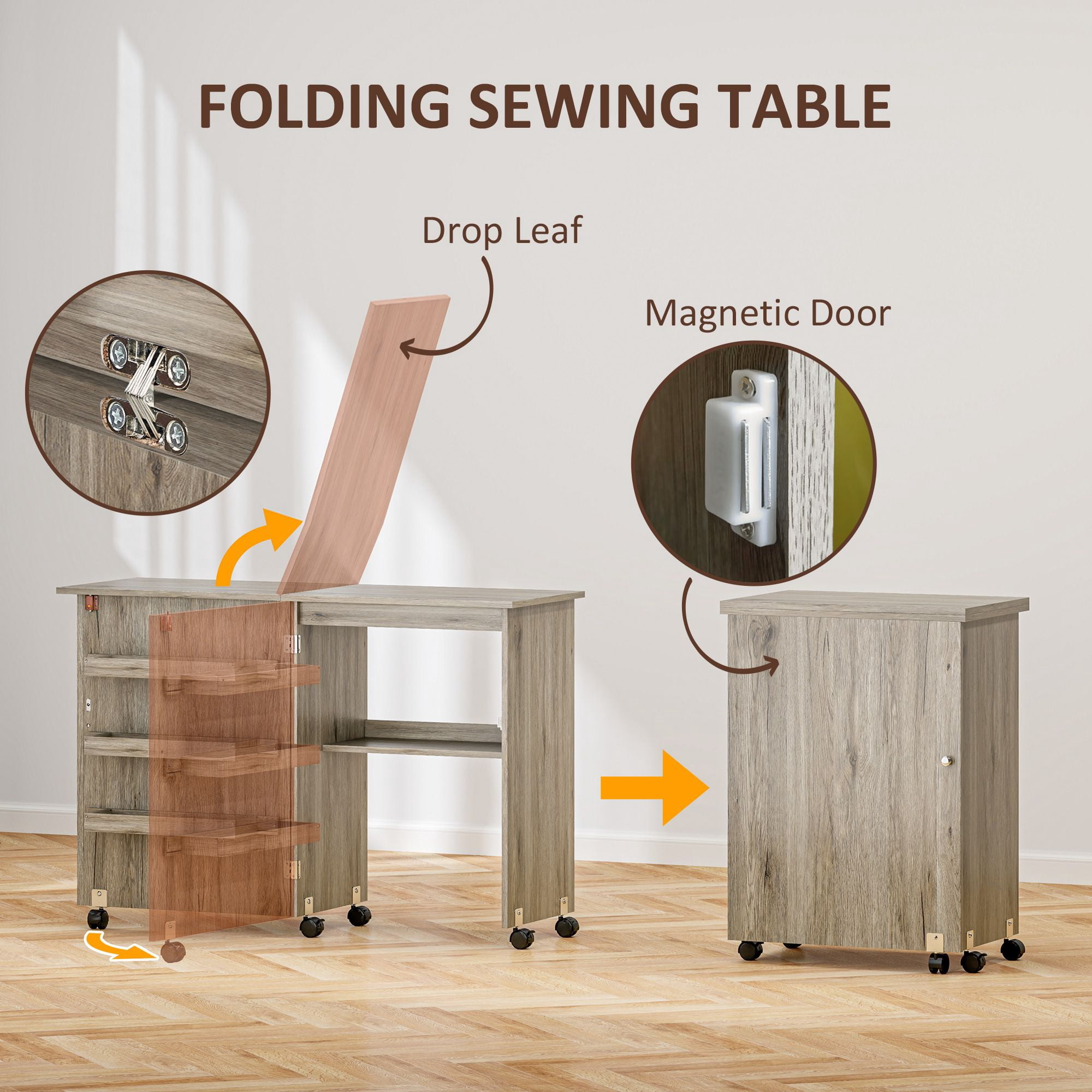 Sewing Machine Cabinet, Folding Sewing Table with Storage Shelf, Bins and Lockable Wheels for Small Space, Grey