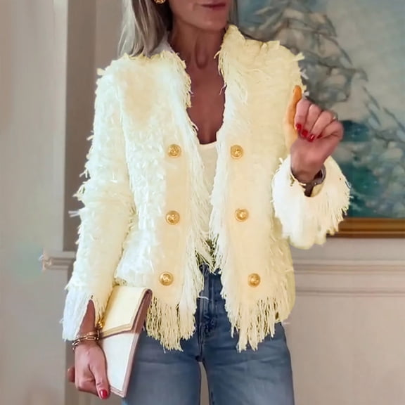Delayuji Women's Spring Coat Tassel Elegant Cardigan Coat Solid Color Fall Coat Shirt