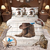 Homewish Rustic Western Cowboy 7-Piece Bedding Comforter Set,Brown Boots Horseshoe King Bedding Sets,Country Farmhouse Lodge Bed Sheets For Bots Kids,Microfiber Bedroom Decor Reversible