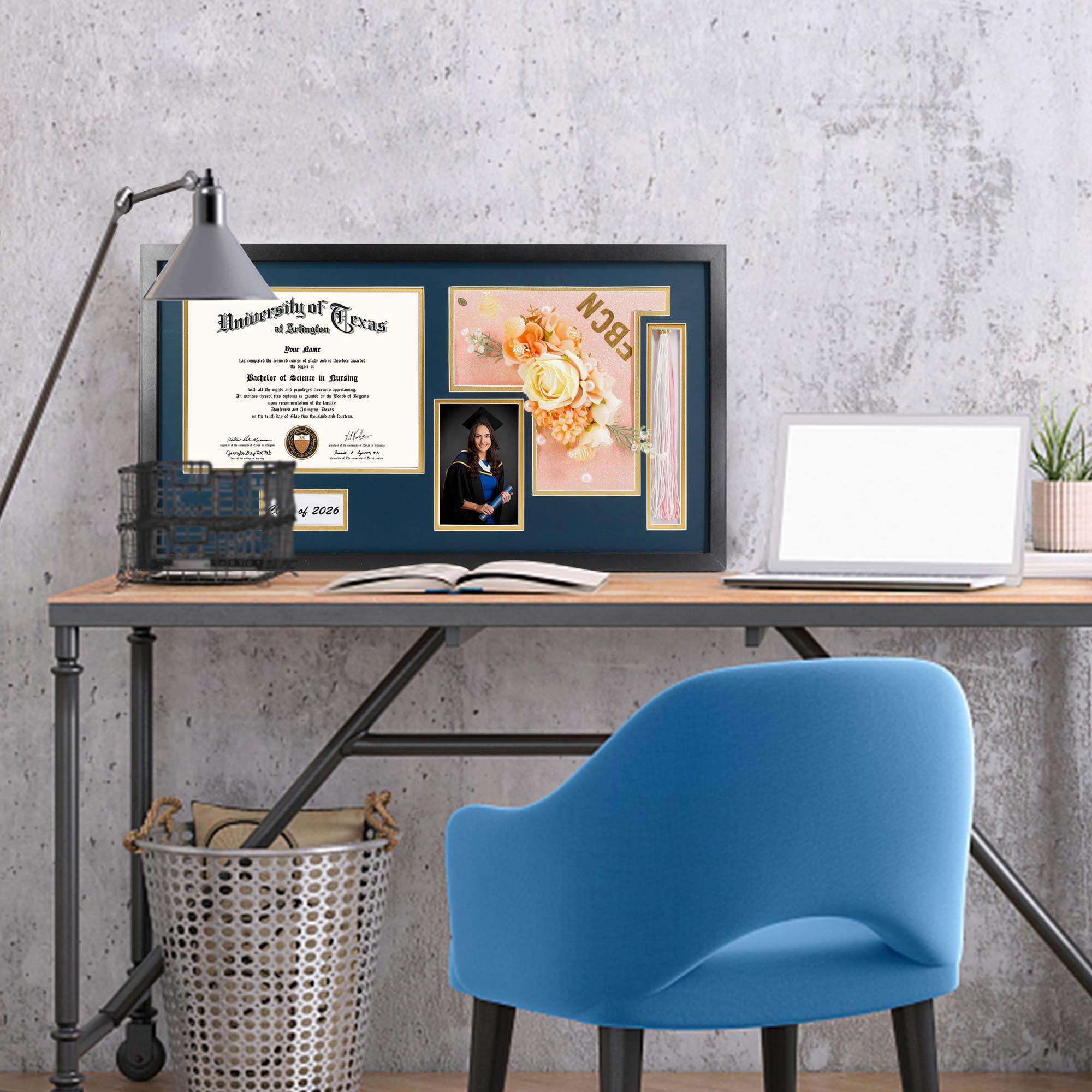 Graduation Shadow Box Frame Wood Display Case for Diploma & Photo with Graduation Cap & Tassel Holder Blue