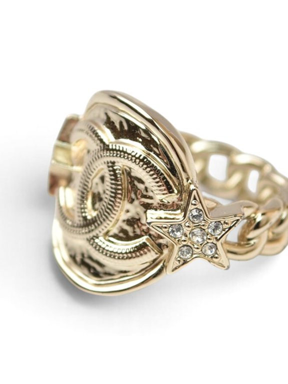 Pre-Owned Chanel Ring, CHANEL Coco Mark Star Rhinestone GP Gold, Women's Ring