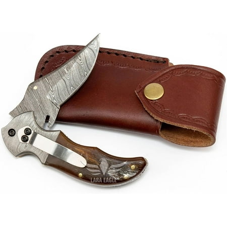 Lara Eagle Damascus Pocket Knife - Ram Horn and Leather Sheath - 7.5" Folding Knife for Outdoor Hunting Camping