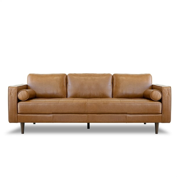 Jax 87 Mid Century Genuine Leather Sofa Couch Modern 3 Seater With 2 Bolster Pillows Light Brown Tufted Pillow Back For Living Room Bedroom Apartment Dorm Office In Tan Com Genuine Leather Sofa Couch Modern, Genuine Leather Bed Sofa