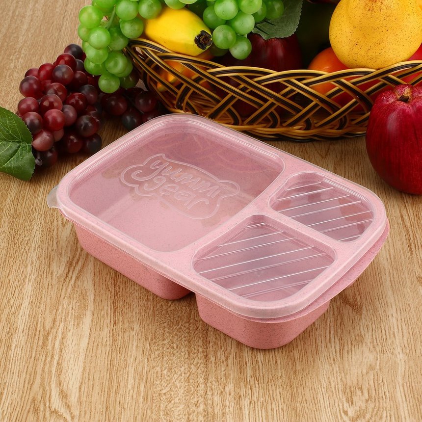 Wheat Straw Bento Box 3 Grids With Lid Microwave Food Box Biodegradable Storage Container Lunch