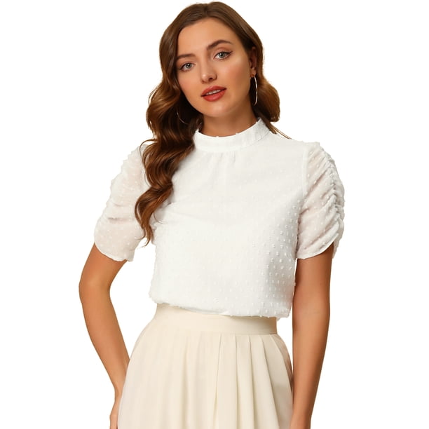 INSPIRE CHIC Blusa De Chifón Con Lunares Suizos Para Mujer, Manga Corta Abullonada, Tops Blanco L