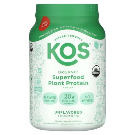 KOS Organic Superfood Plant Protein Powder, Unflavored & Unsweetened, 2.1 lb (952 g)