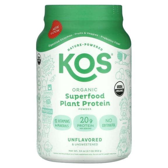 KOS Organic Superfood Plant Protein Powder, Unflavored & Unsweetened, 2.1 lb (952 g)