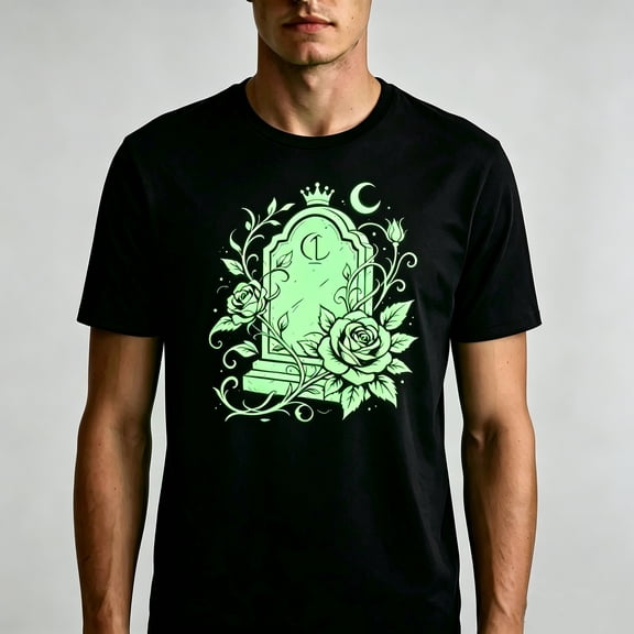 Halloween Tombstone Red Rose Green Glow-in-the-Dark Luminous Graphic T-Shirt Short Sleeve 100% Cotton Casual Tee Unisex T-Shirt