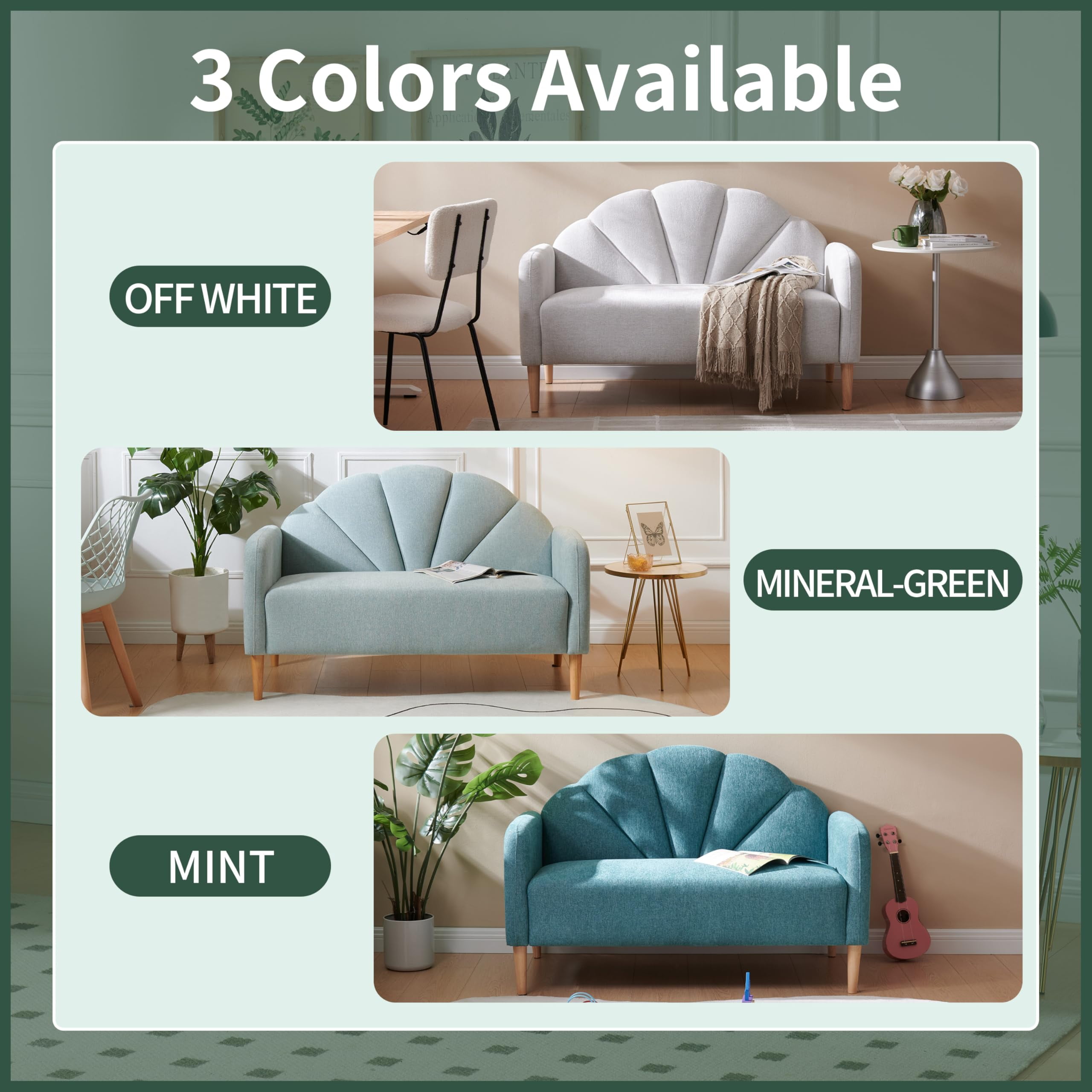 33.07" H Modern 2 Seater Loveseat,Linen Fabric with Curved Back & Wood Legs,for Living Room,Bedroom & Small Spaces,Easy Assembly,Mineral Green