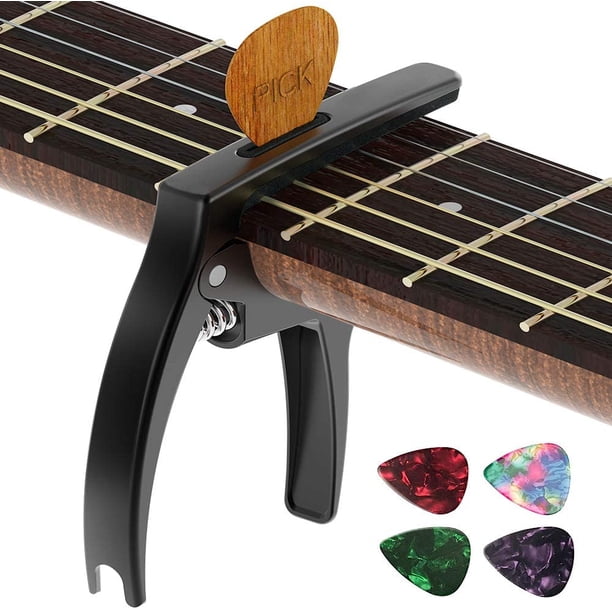 Cejilla para guitarra, TANMUS 3 en 1, cejilla de metal de zinc para guitarras acústicas y eléctricas (con soporte para púas y 4 púas), ukelele, mandolina, banjo, accesorios para guitarra