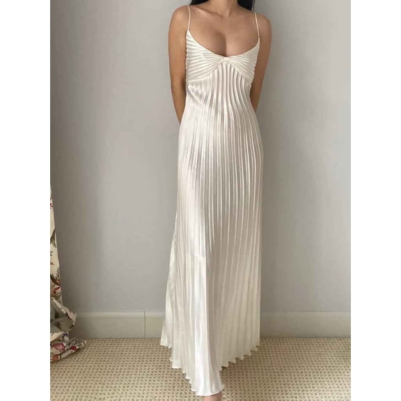 Women's Satin Pleated Maxi Dress - Spaghetti Strap Deep V-Neck Backless Evening Gown for Party & Special Occasions