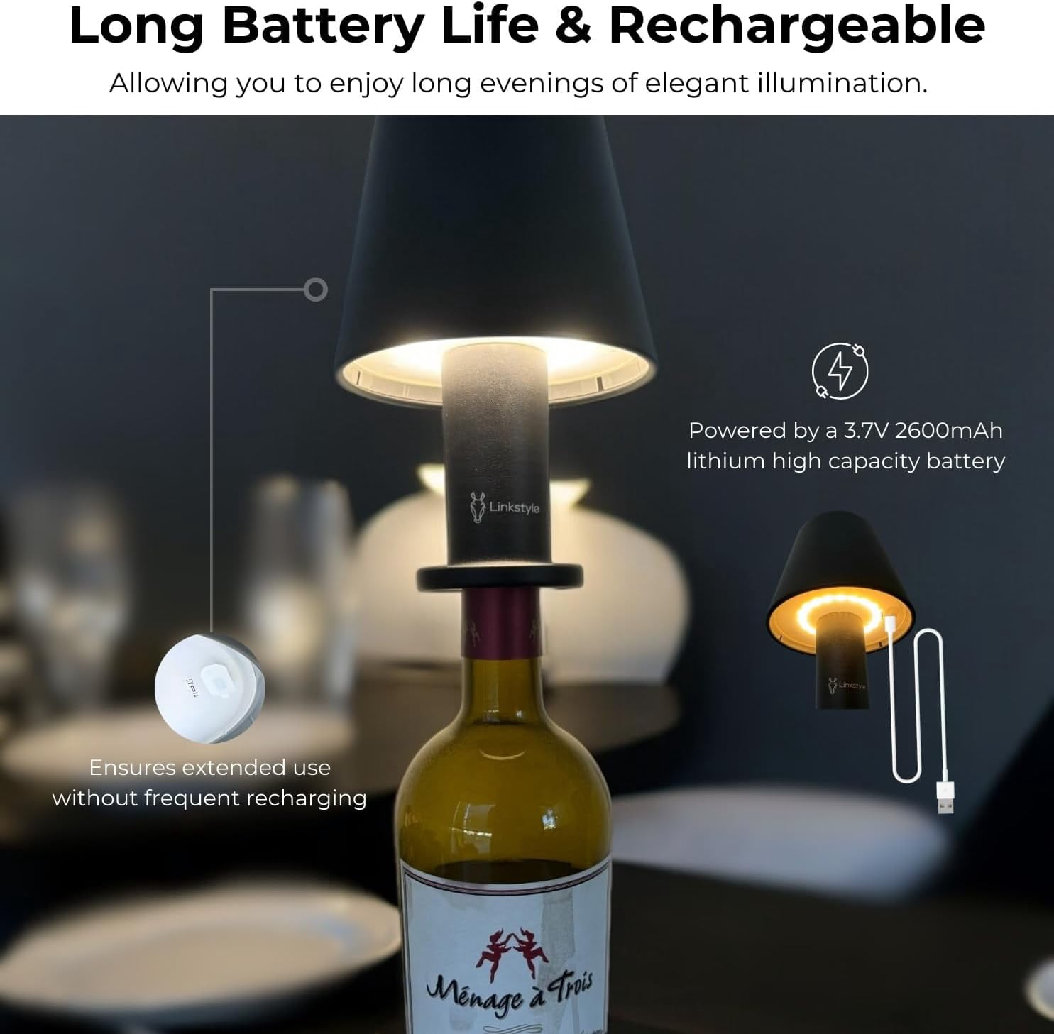 GLOVI Wine Bottle Lamp with Luxurious Metal Shade — Premium Decorative Rechargeable LED Wireless Bottle Light, Dimmable Lights, Waterproof for Indoor and Outdoor Dining (White) By LINKSTYLE