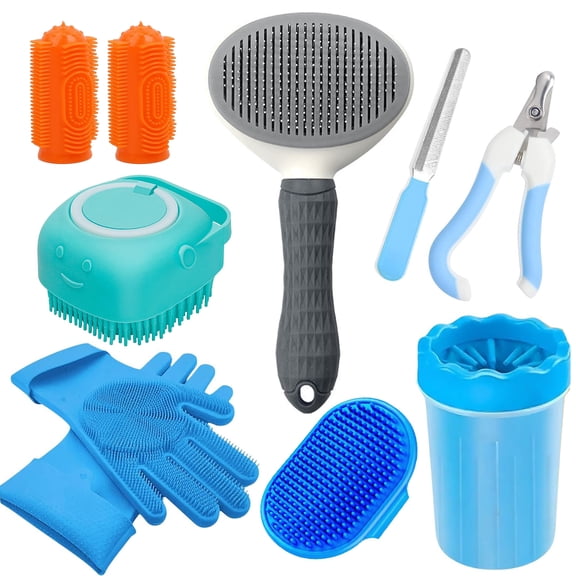 10PCS Pet Grooming Kit for Dogs & Cats, Dog Brush | Dog Washing Gloves | Dog Bath Brush | Dog Paw Cleaner | Pet Nail Clipper & File | 2X Toothbrush | Scrubber with Handle for Bath & Massage