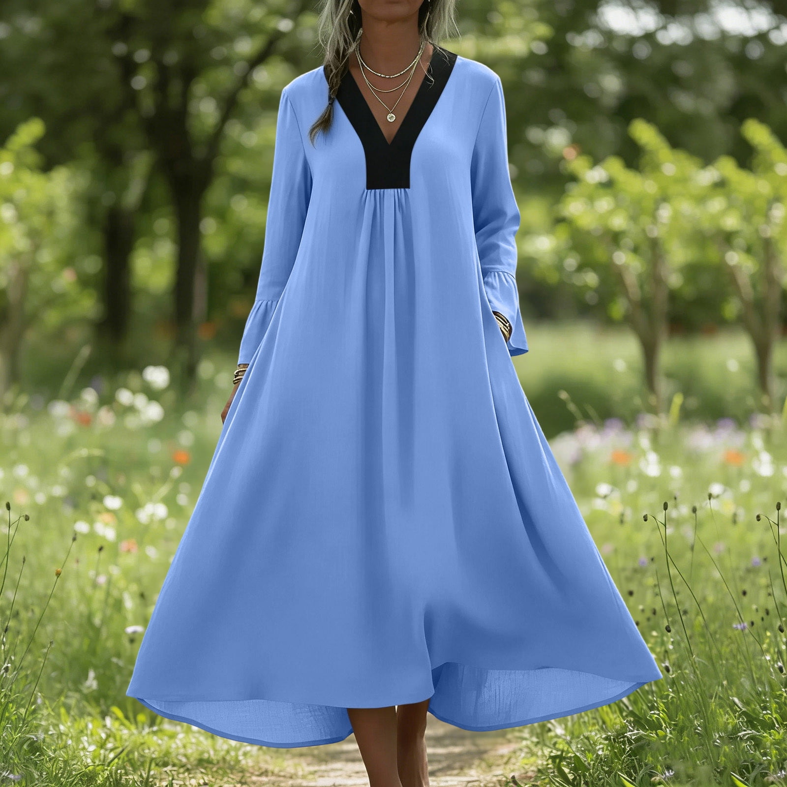 LVHAOGJOB Dresses for Women with Pockets Plus Size Long Sleeve Maxi Dress V Neck Summer Loose Cotton Linen Long Ladies Sundress Flowy
