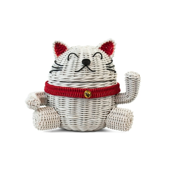 G6 Collection Lucky Cat Rattan Storage Basket with Lid Decorative Bin Home Decor Hand Woven Shelf Organizer Cute Handmade Handcrafted Gift Art Artwork Wicker Kitten