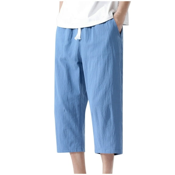 Diufon Men's Wide Leg Capri Pants Cotton Linen Drawstring Waist Loose Pant Solid Color Trousers with Pockets