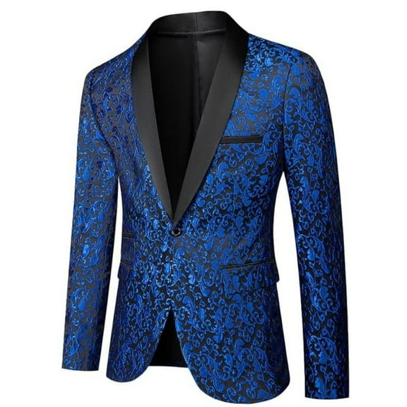 Mens Floral Jacquard Dress Suit Jacket 1 Button Print Tux Blazer Sport Coat-Blue