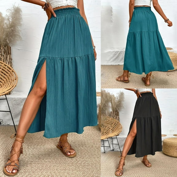 SMihono Womens Skirt High Waist Pleated Slit Hem Flowy Skirts Casual Solid Boho Skirts Elastic Office Daily Flowy Midi Skirt Black 4